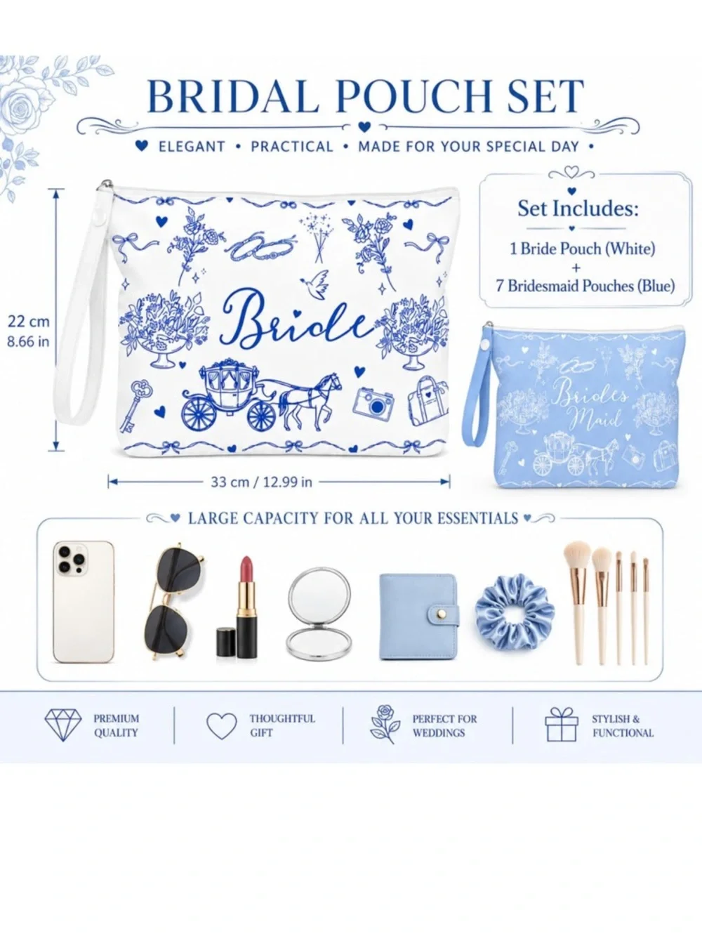 Bridesmaids Cosmetic Pouches- Blue and White with Handle